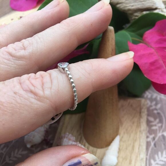 Sterling Silver Beaded Clear Heart CZ Ring 6,7 - Picture 9 of 9